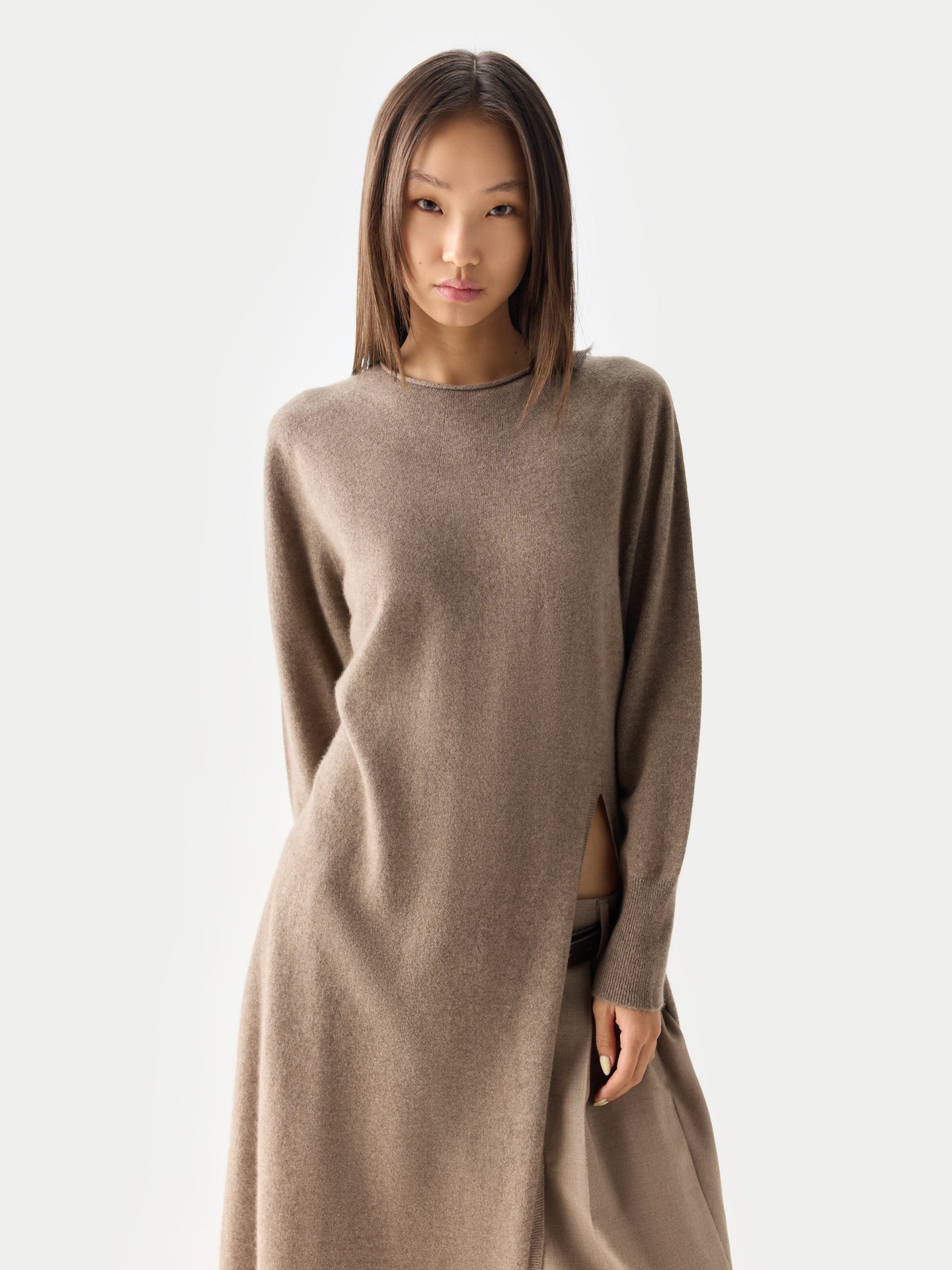 Women’s Cashmere Side-Slit Maxi Dress Taupe | GOBI Cashmere