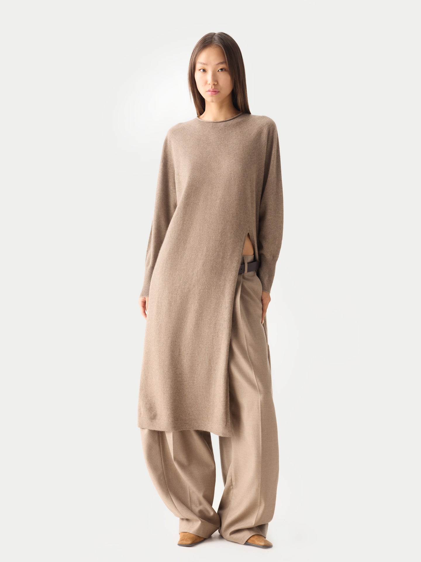 Women’s Cashmere Side-Slit Maxi Dress Taupe | GOBI Cashmere