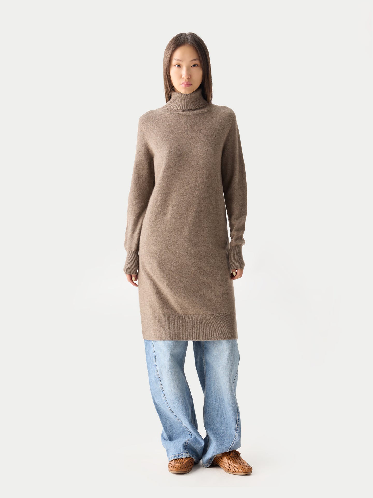 Women's Cashmere Organic Colour Cashmere Turtleneck Sweater Dress Taupe - Gobi Cashmere