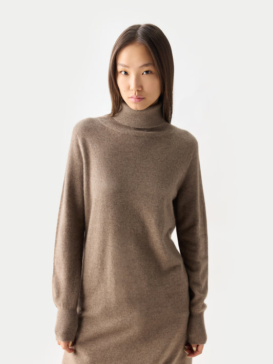 Women's Cashmere Organic Colour Cashmere Turtleneck Sweater Dress Taupe - Gobi Cashmere