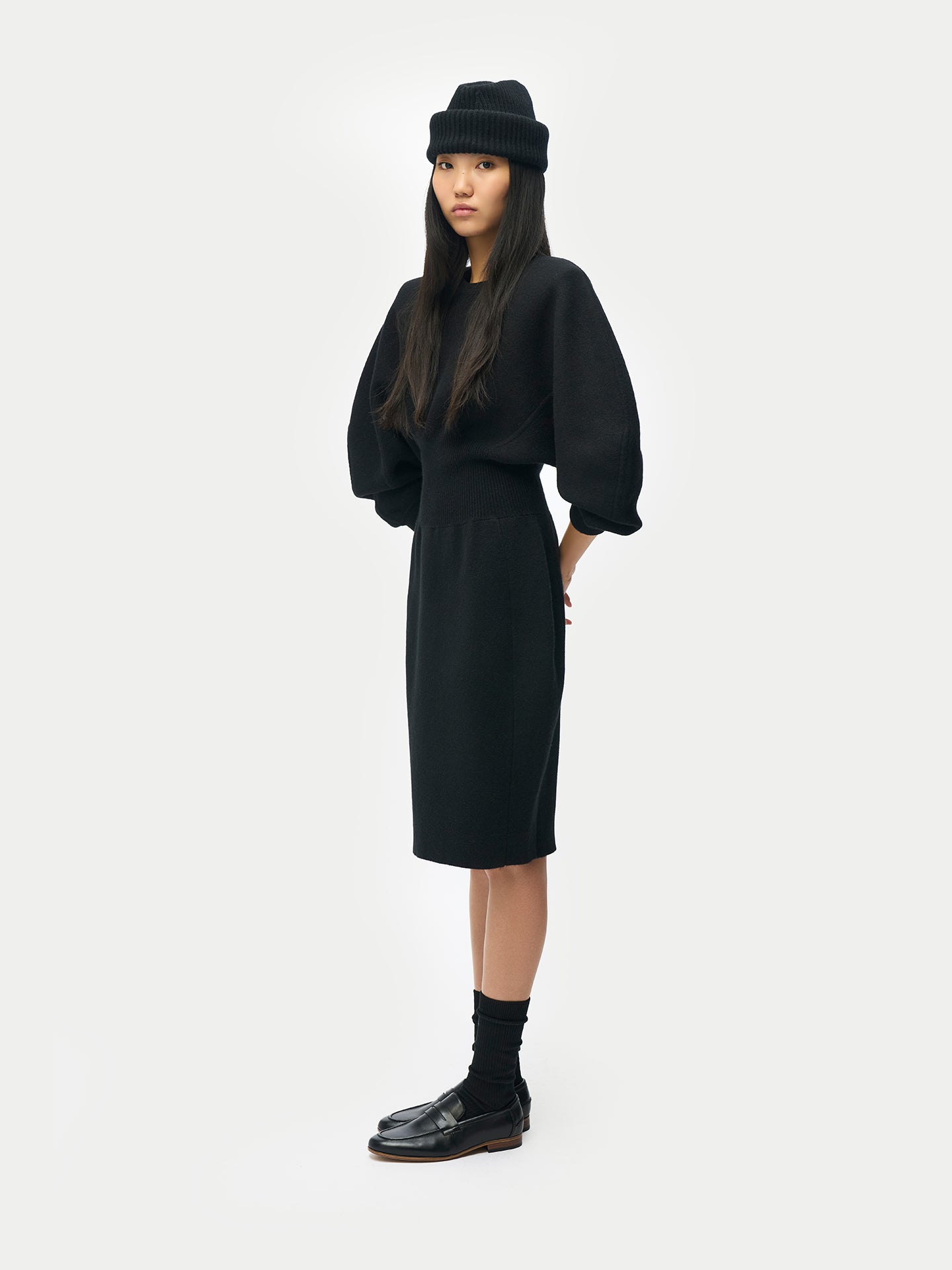 Women's Cashmere Knit Sculptural Dress Black - Gobi Cashmere