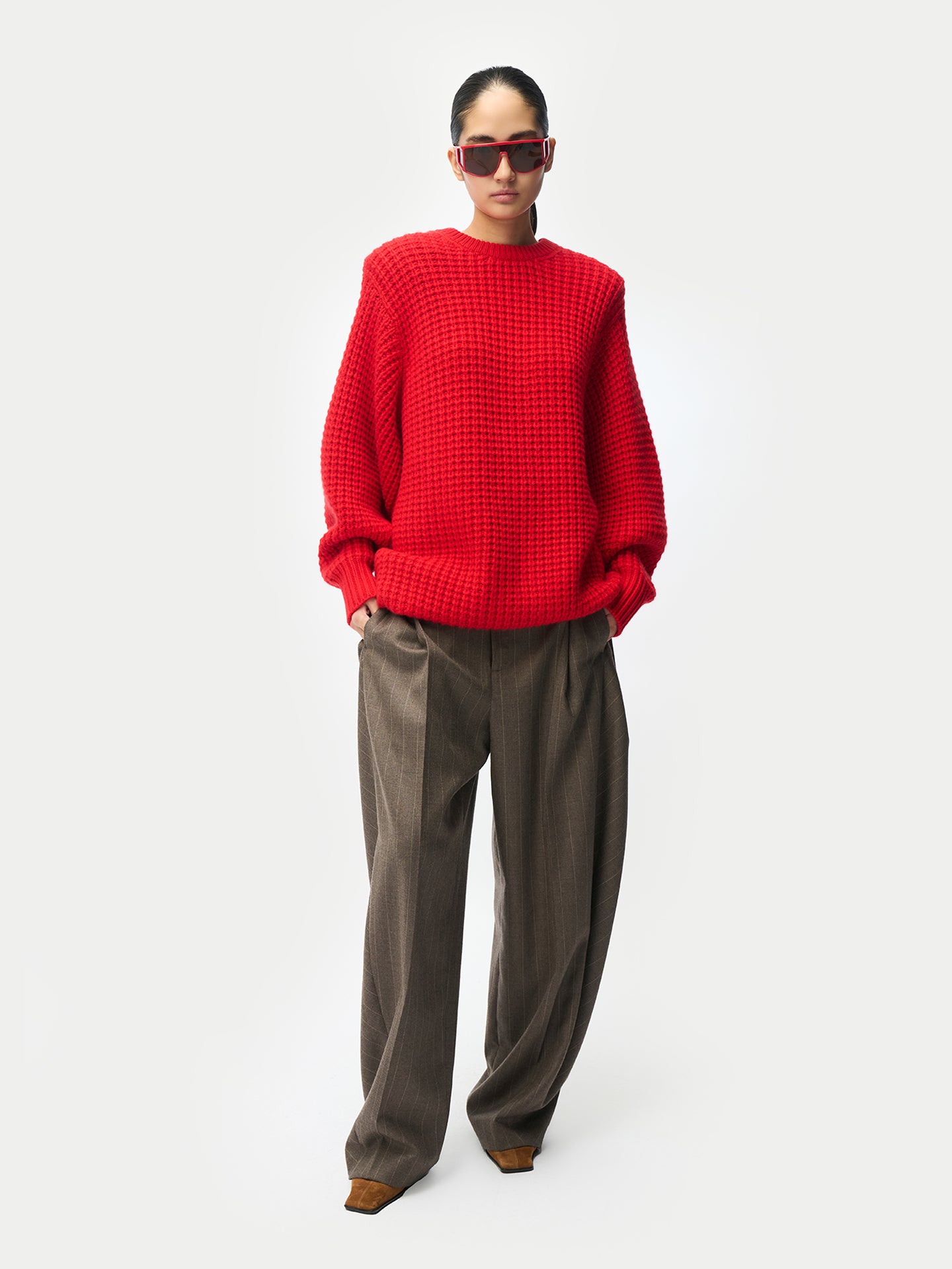 Wide-Shoulder Crewneck Cashmere Sweater