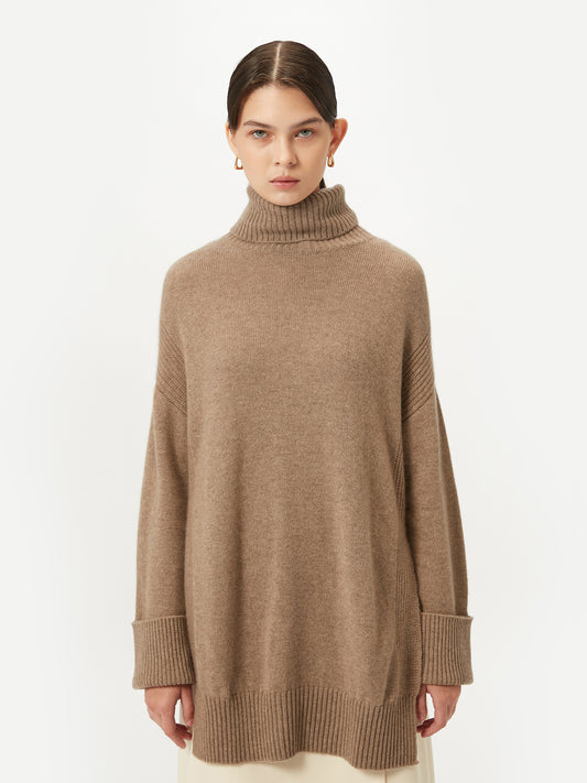 Women's Organic Cashmere Turtleneck with Side Slits Taupe - Gobi Cashmere