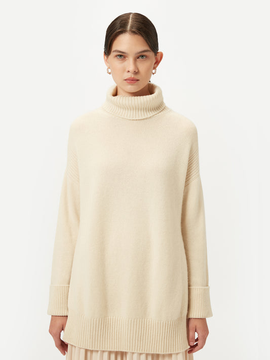 Women's Organic Cashmere Turtleneck with Side Slits Off White - Gobi Cashmere