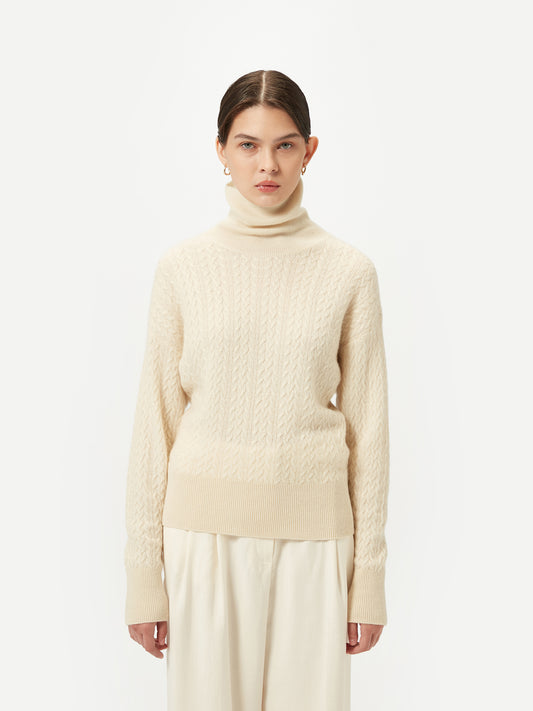 Women's Cable-Knit Cashmere Turtleneck Off White - Gobi Cashmere