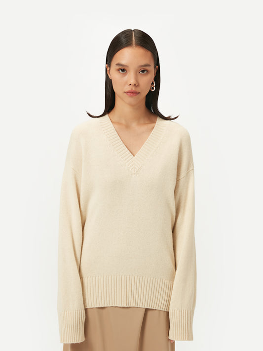 Organic Colour Women's Cashmere V-Neck Sweater Off White - Gobi Cashmere