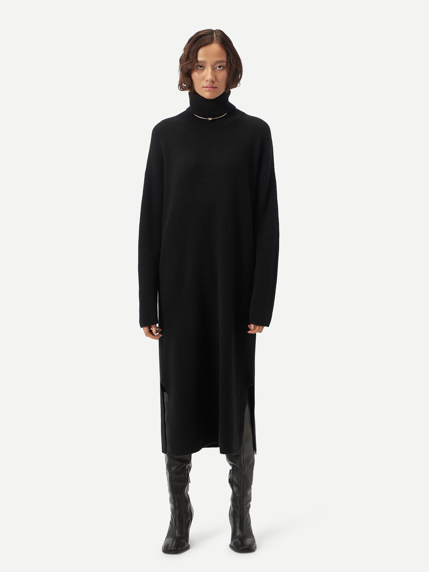 Women's Organic Cashmere Turtleneck Dress Black - Gobi Cashmere