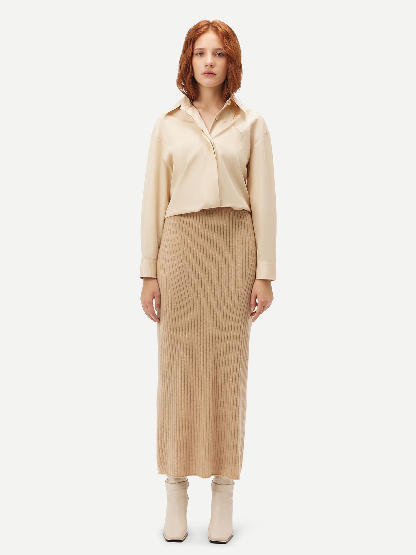 Organic Colour Cashmere Midi Skirt Beige -Gobi Cashmere