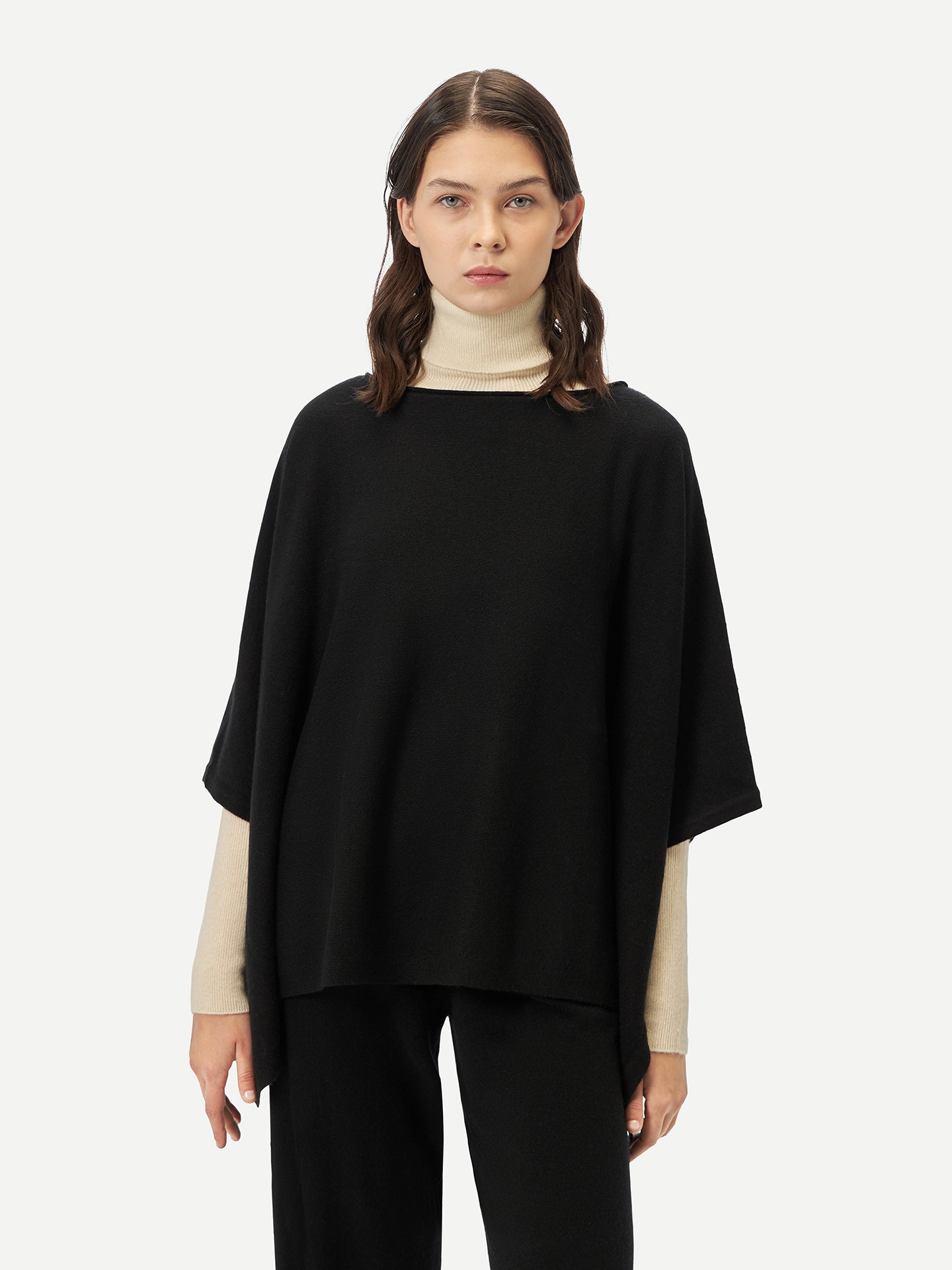 Women's Boat-Neck Cashmere Poncho Black - Gobi Cashmere