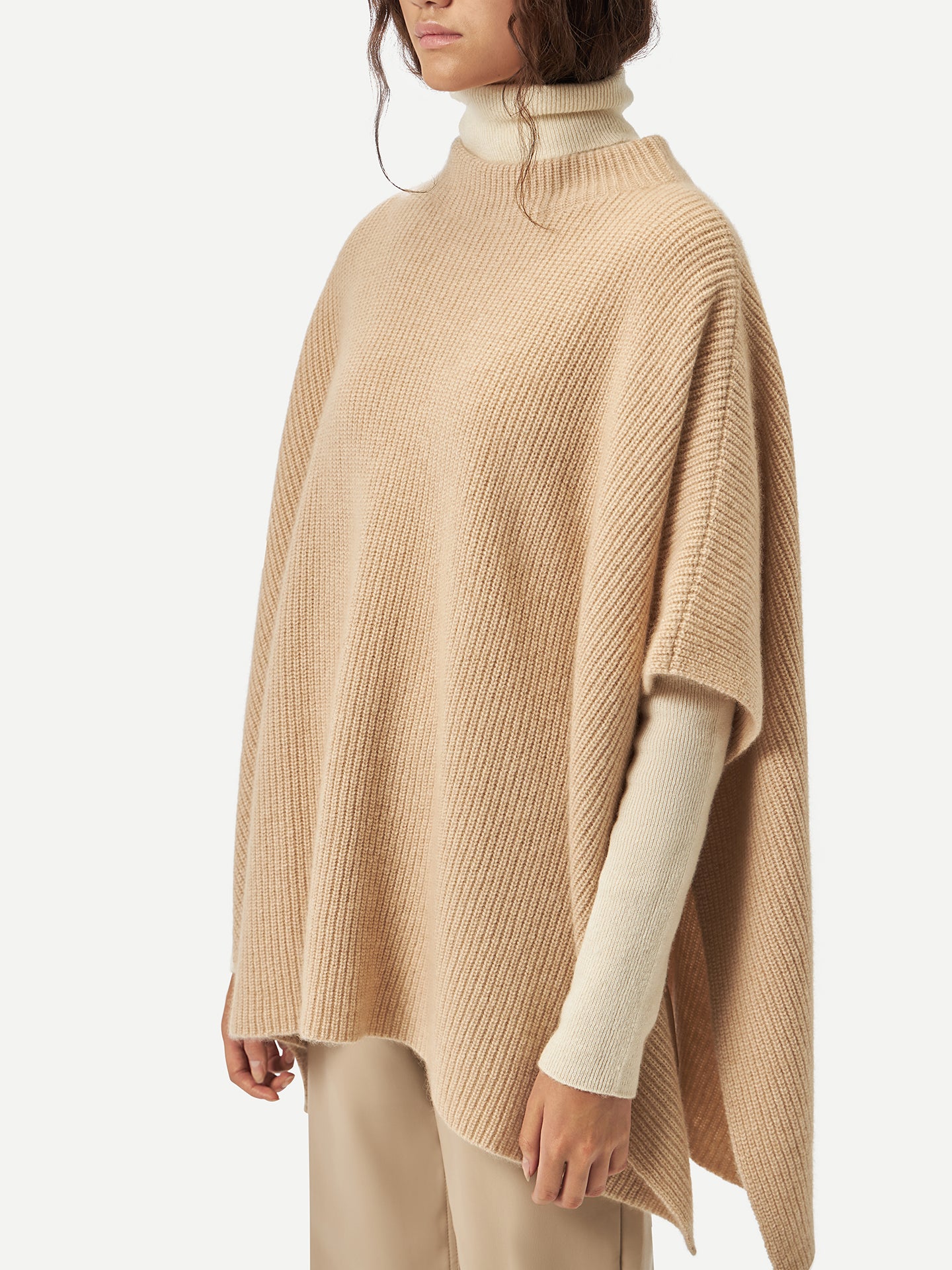 Women's Organic Colour Rib-Knit Cashmere Poncho Beige - Gobi Cashmere