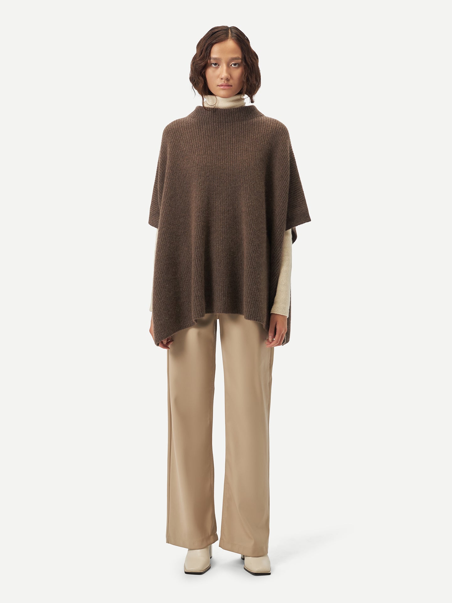 Women's Organic Colour Rib-Knit Cashmere Poncho Cocoa - Gobi Cashmere