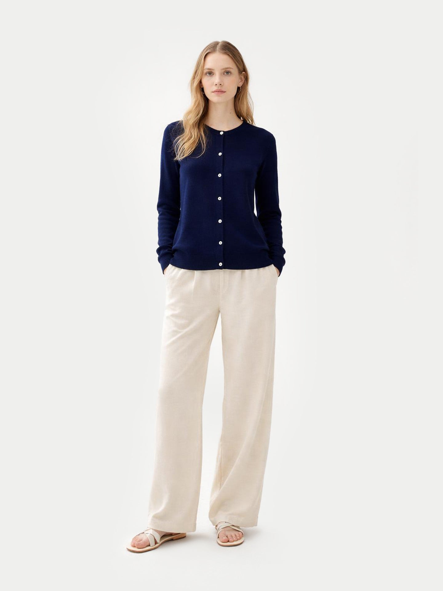 Essential Cashmere Crewneck Cardigan Navy - Gobi Cashmere