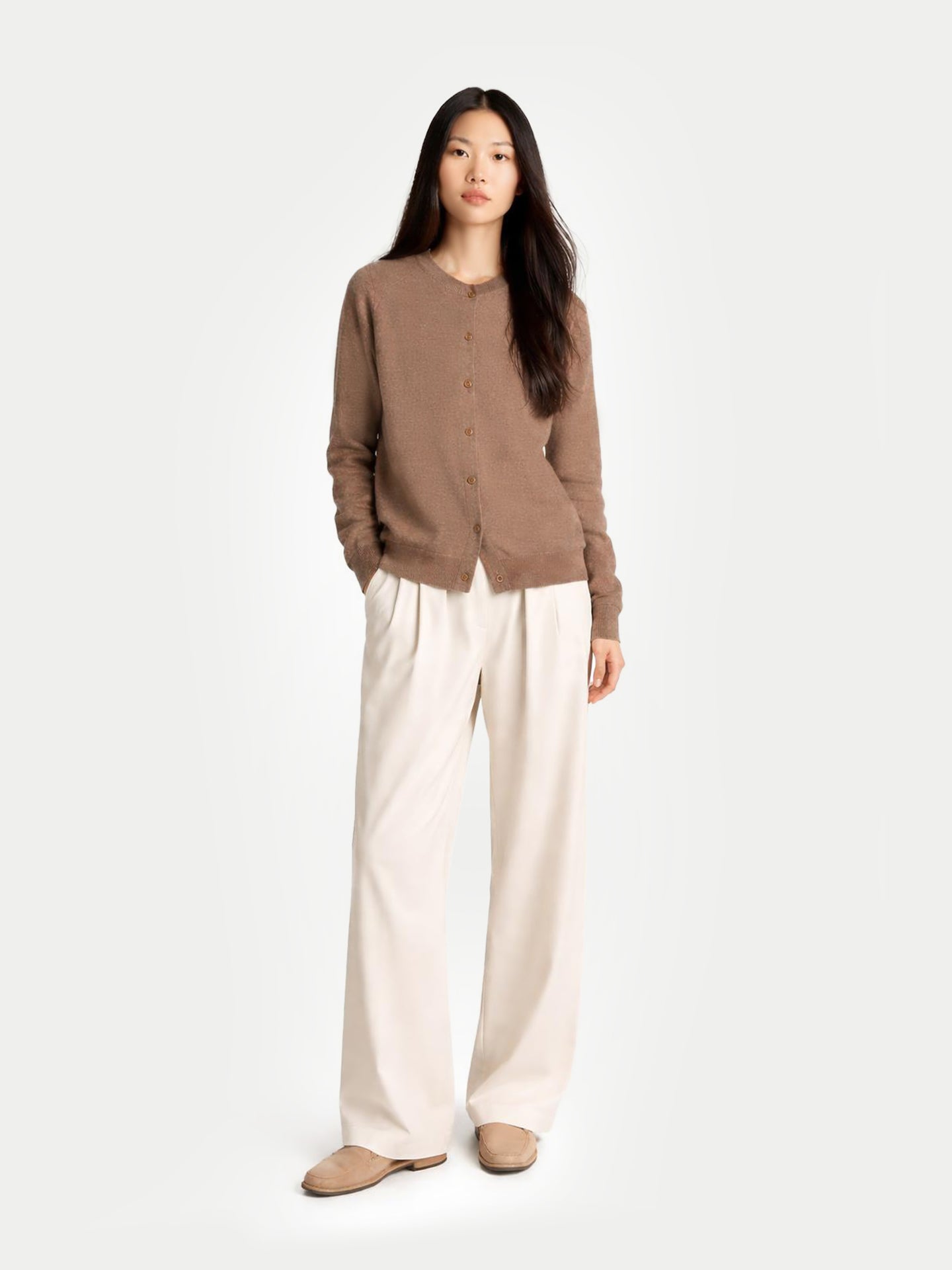 Essential Organic Cashmere Crewneck Cardigan Taupe - Gobi Cashmere