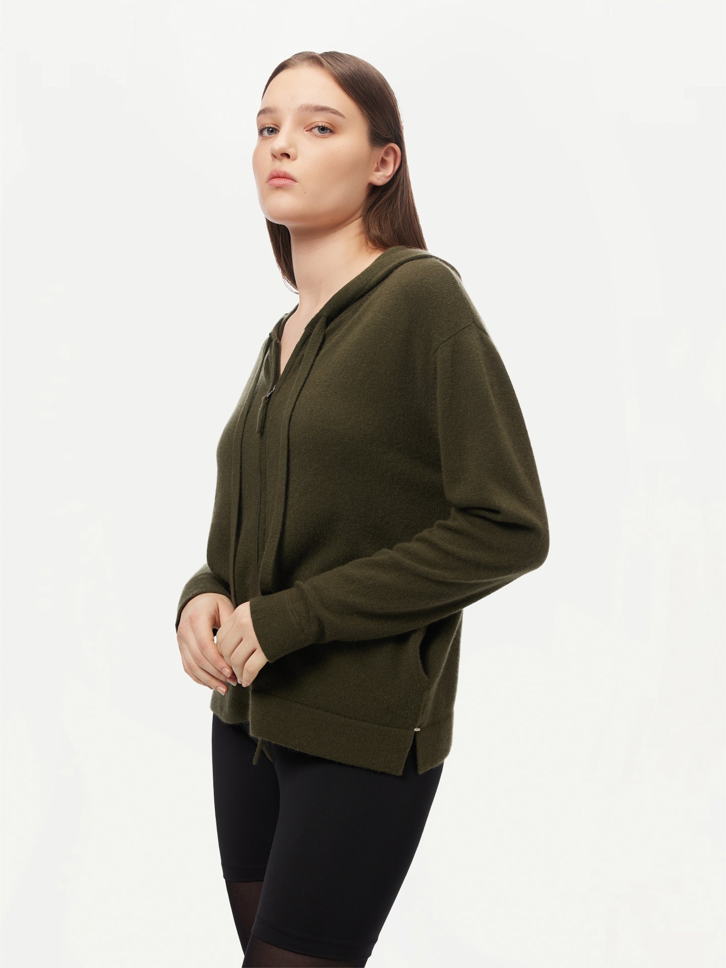 Women's Cashmere Zip-Up Hoodie Capulet Olive - GOBI Cashmere