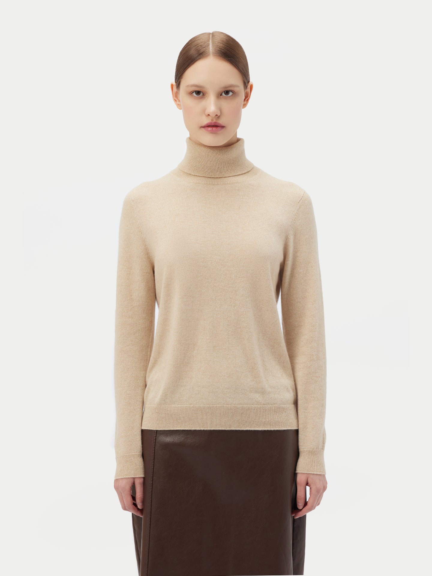 Women's Organic Cashmere Basic Turtle Neck Sweater Beige - Gobi Cashmere