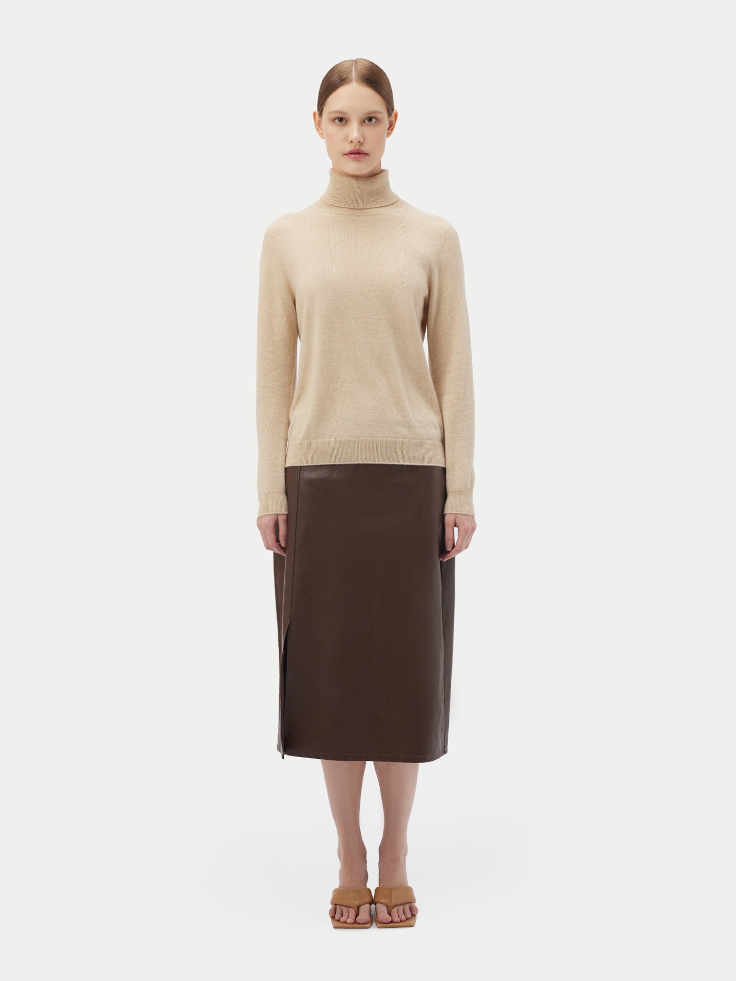 Women's Organic Cashmere Basic Turtle Neck Sweater Beige - Gobi Cashmere