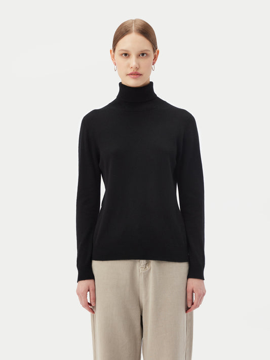 Women's Cashmere Basic Turtle Neck Sweater Black - Gobi Cashmere