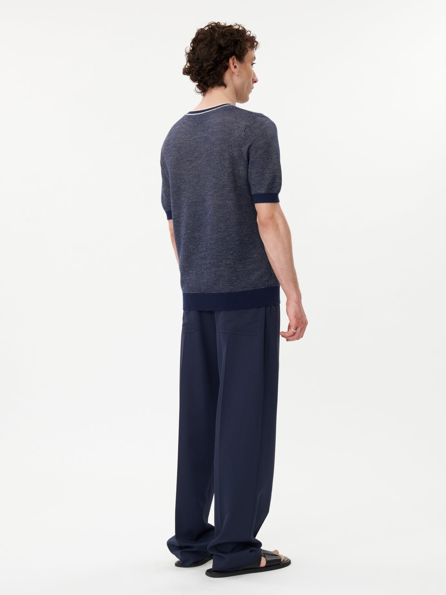 Men's Silk Cashmere Jacquard Knit T-shirt Navy - Gobi Cashmere