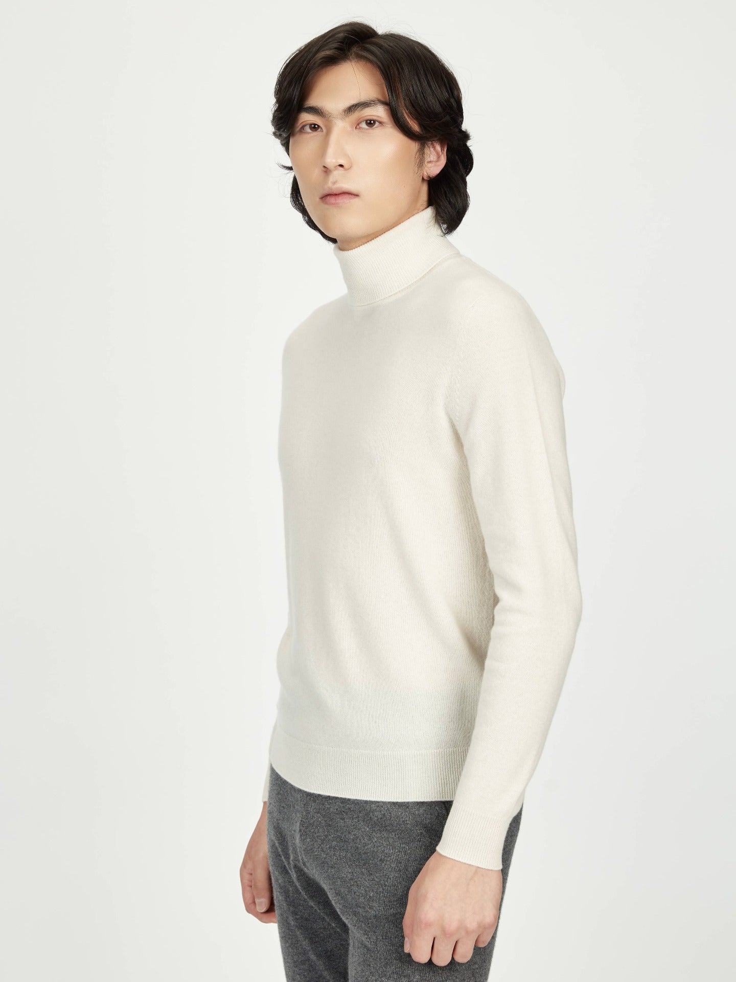Men's Cashmere Basic Turtle Neck Sweater White - Gobi Cashmere
