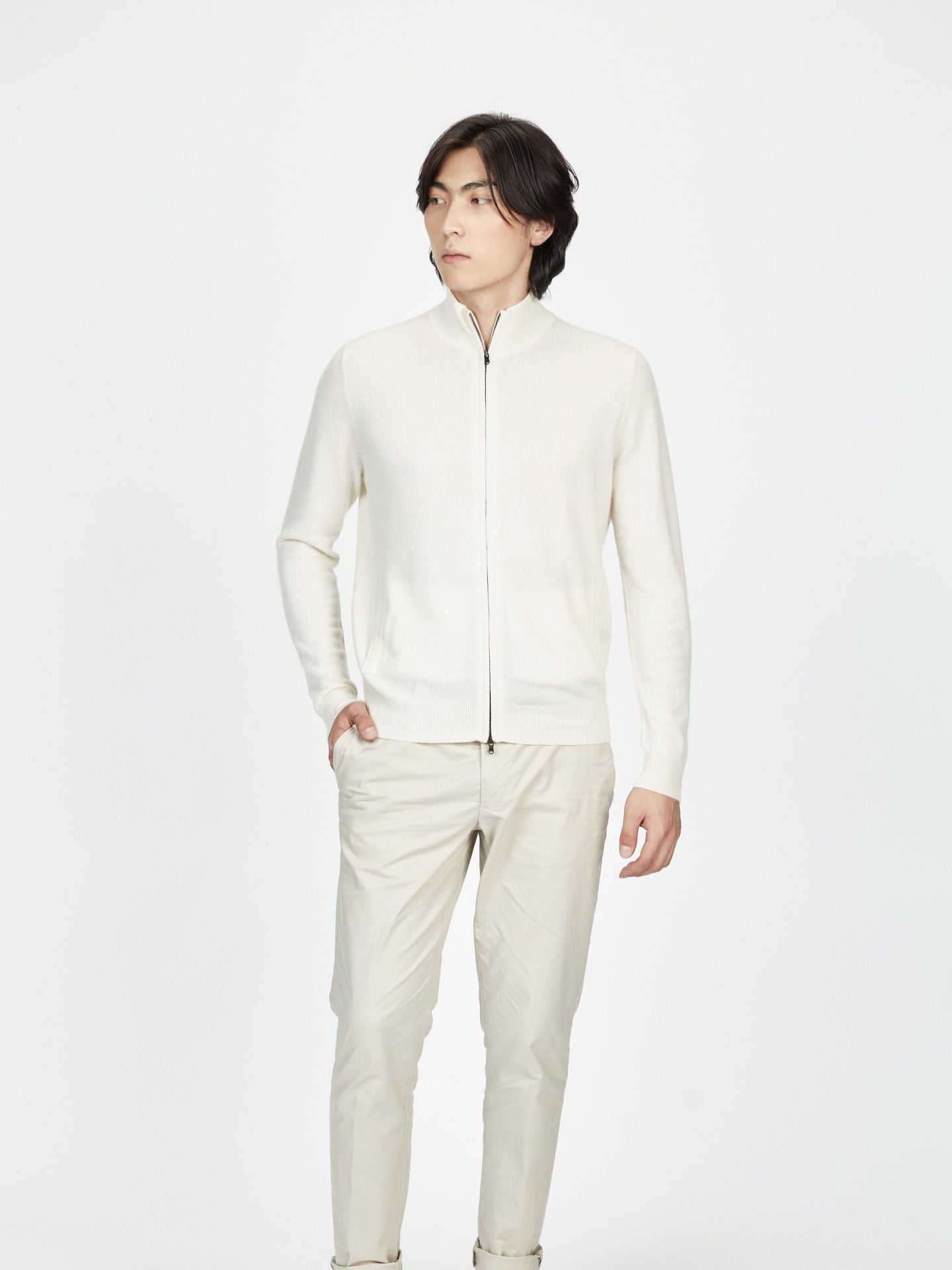 Men's Cashmere Full Zip Stand Collar Cardigan White - Gobi Cashmere