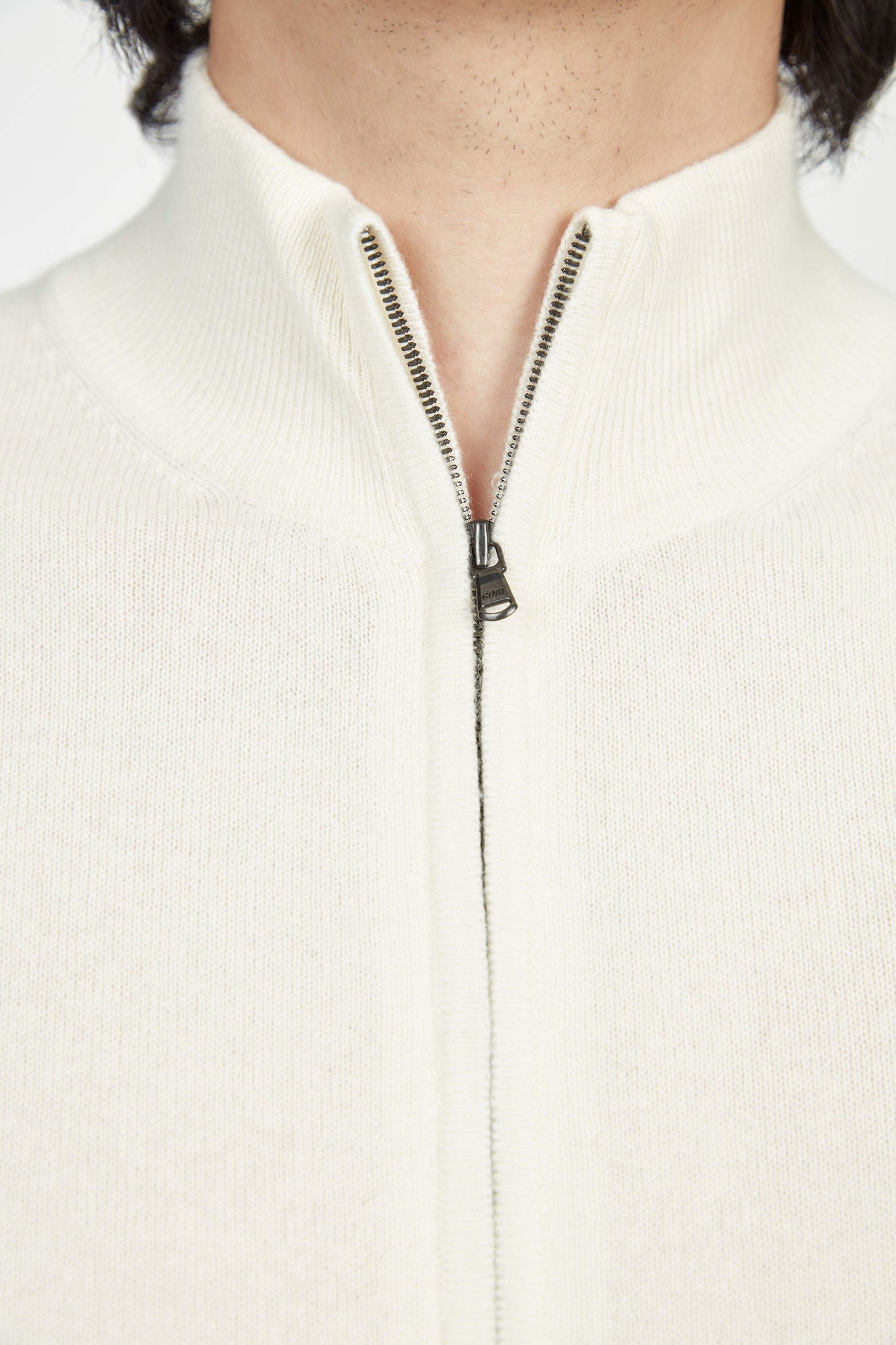 Men's Cashmere Full Zip Stand Collar Cardigan White - Gobi Cashmere