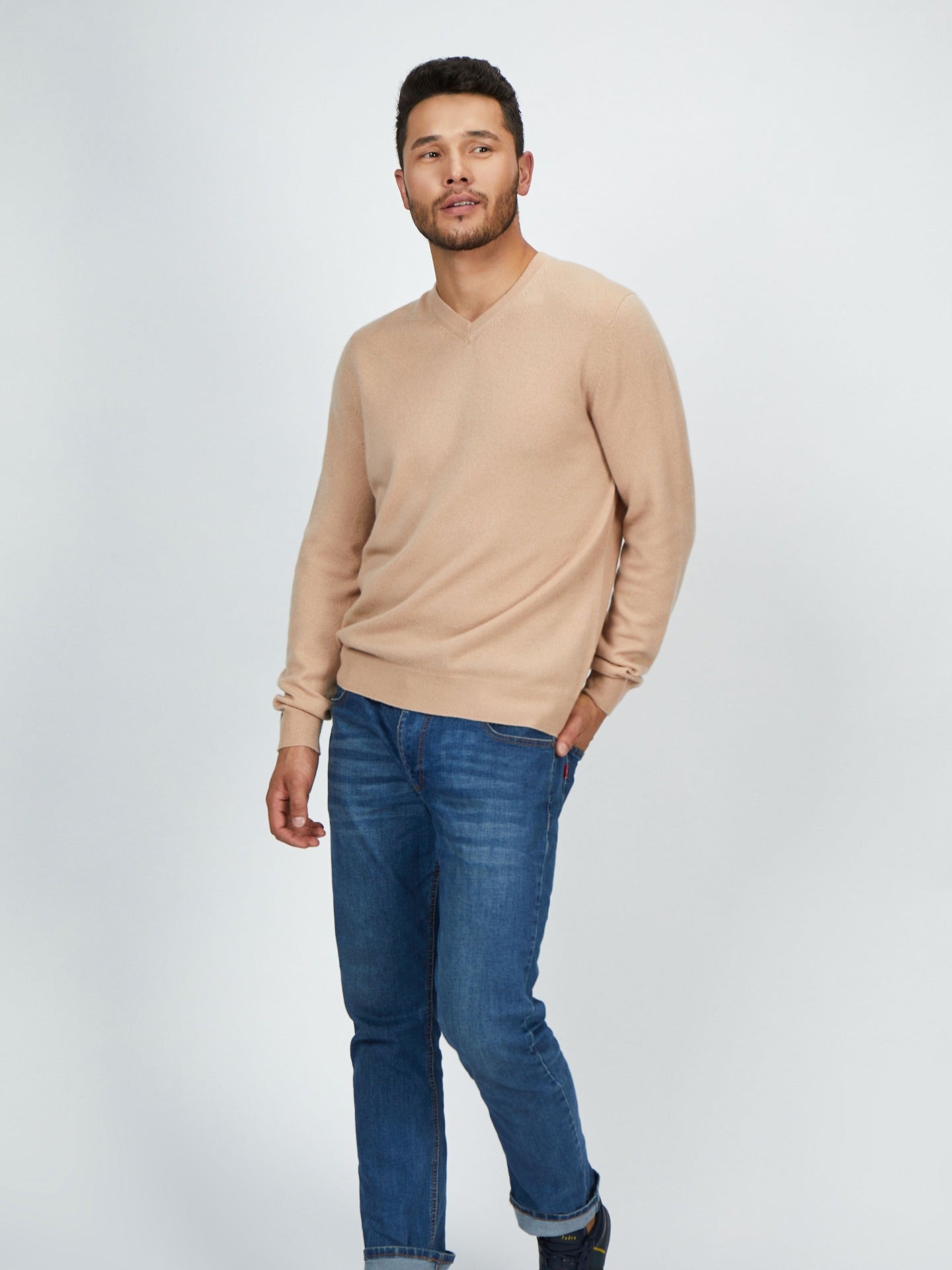 Men's Cashmere Basic V-Neck Sweater Light Camel - Gobi Cashmere