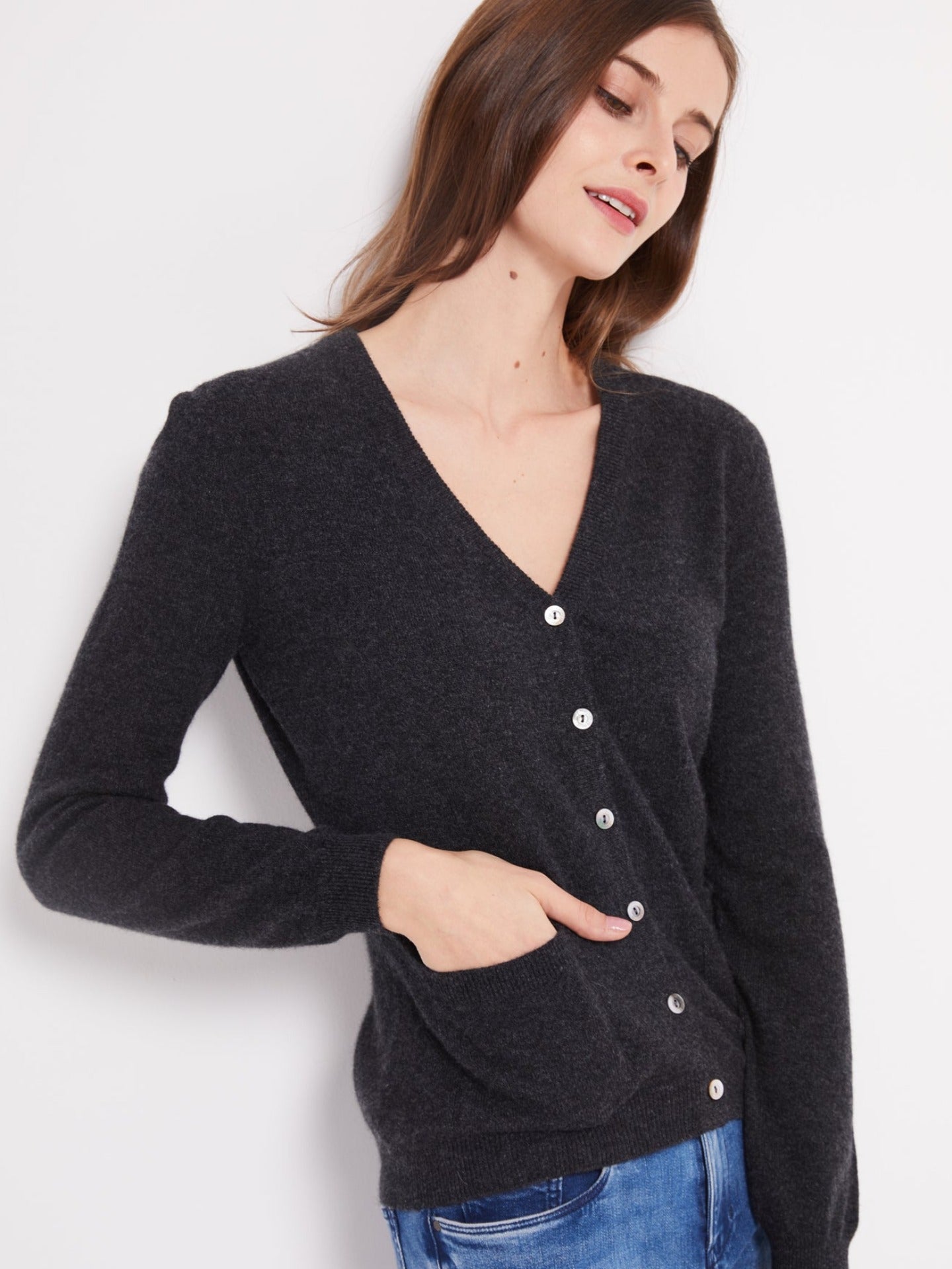 Women's Cashmere V-Neck Cardigan Charcoal - Gobi Cashmere