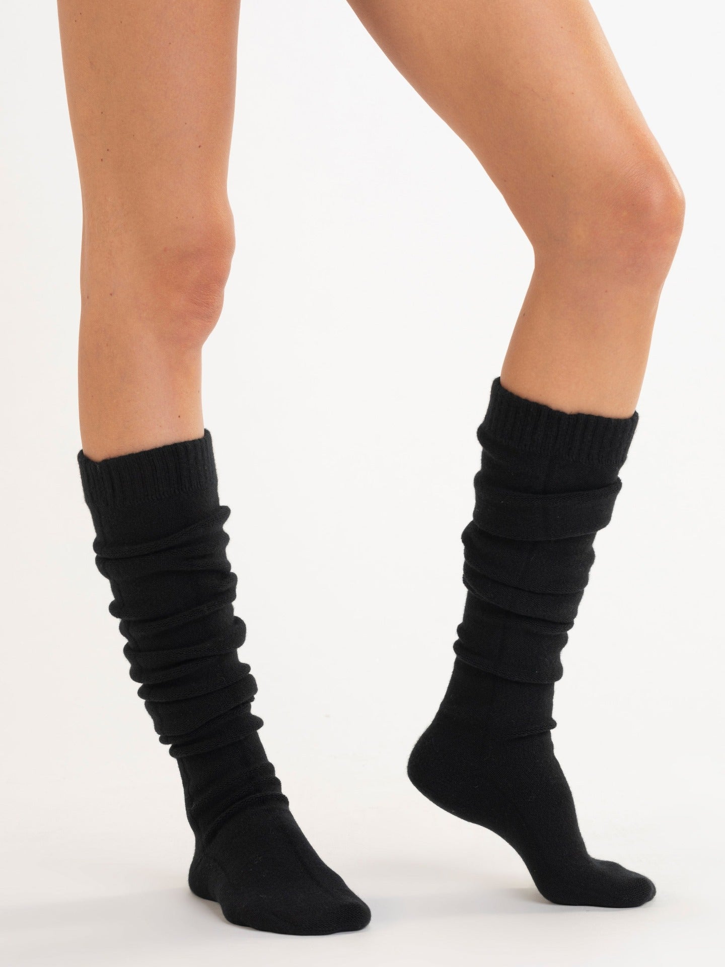 Women's Plain Knitted Long Socks Black - Gobi Cashmere