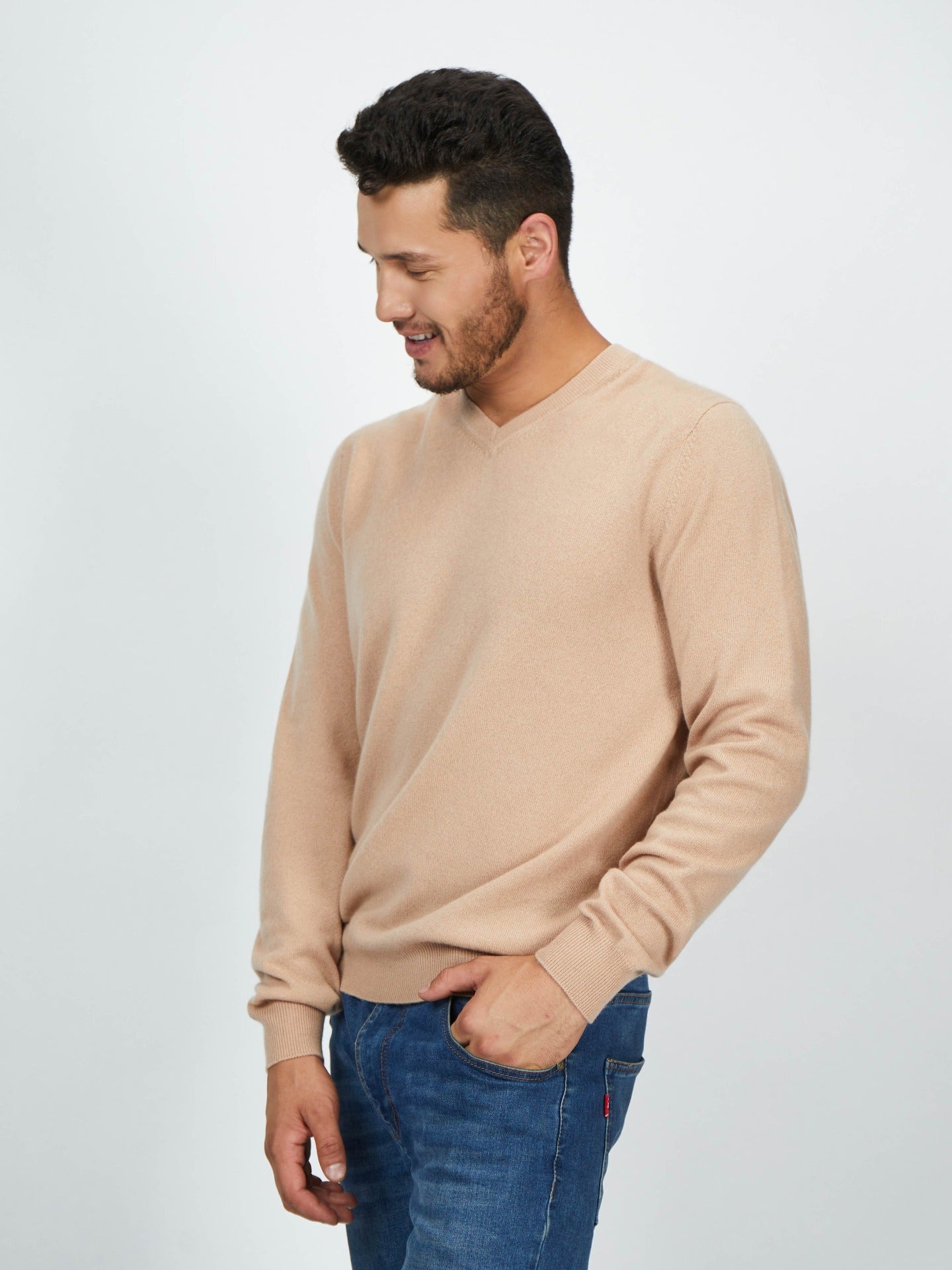 Men's Cashmere Basic V-Neck Sweater Light Camel - Gobi Cashmere