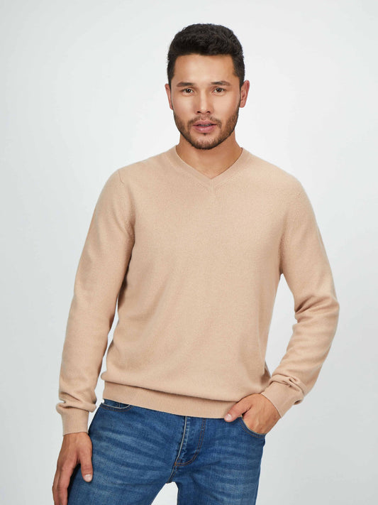 Men's Cashmere Basic V-Neck Sweater Light Camel - Gobi Cashmere