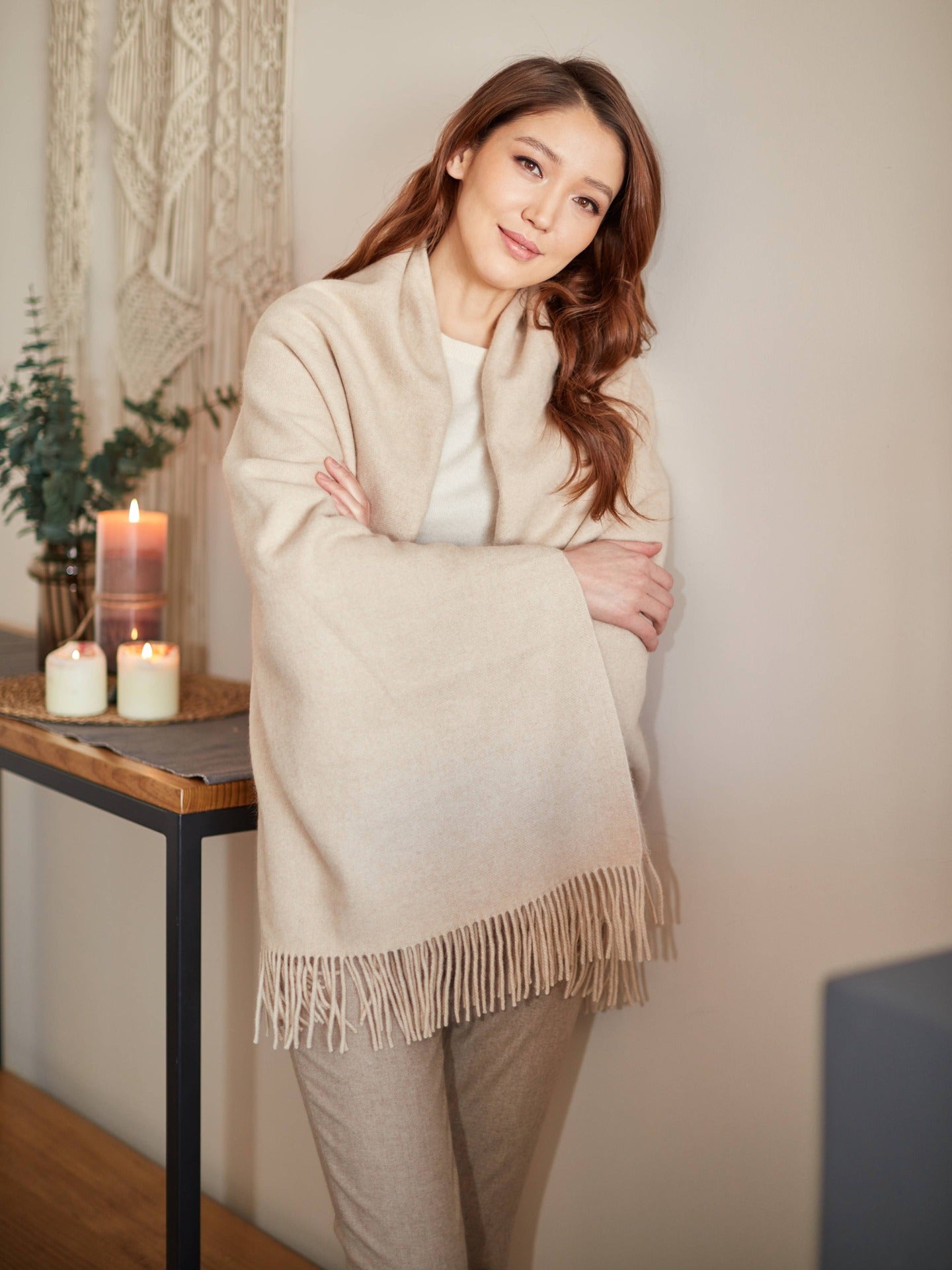 Cashmere Large Blanket With Fringe Taupe - Gobi Cashmere