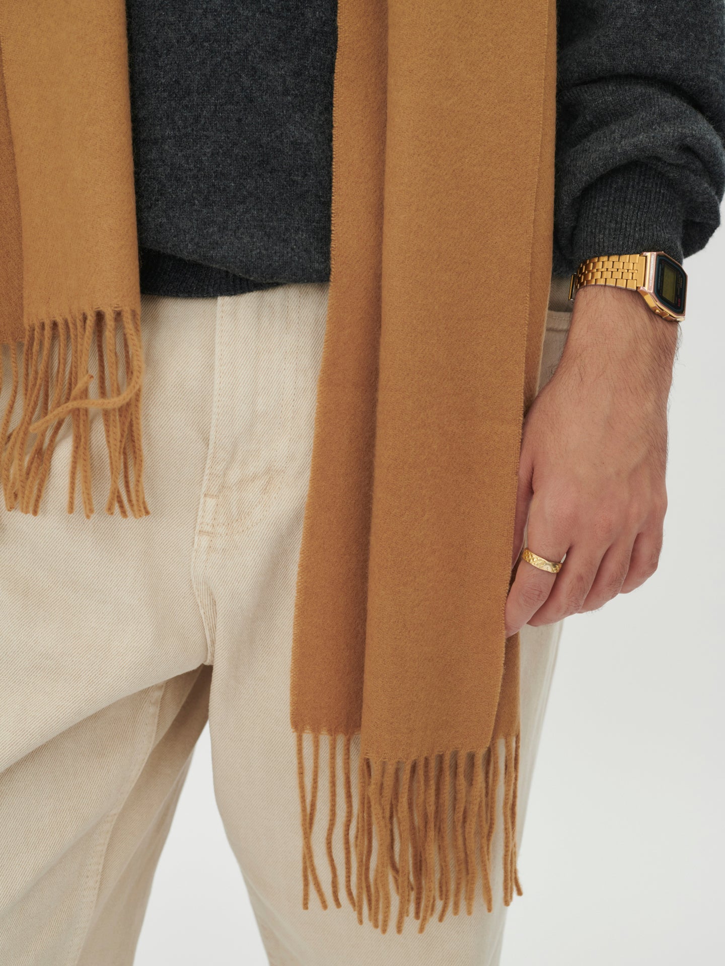 Unisex Cashmere Fringed Scarf Almond - Gobi Cashmere