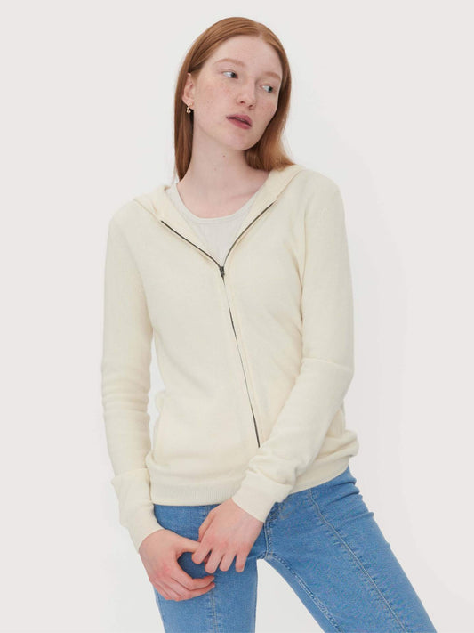 Women's Cashmere Full-Zip Hoodie White - Gobi Cashmere