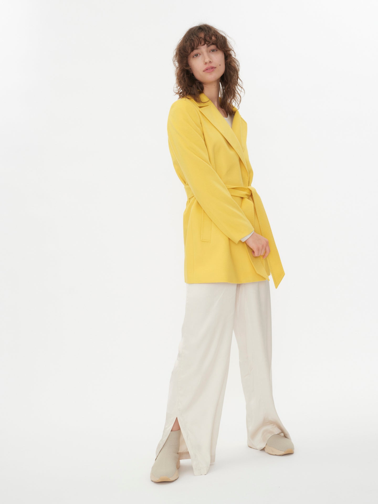 Women's Cashmere Belted Short Coat Yellow- Gobi Cashmere 