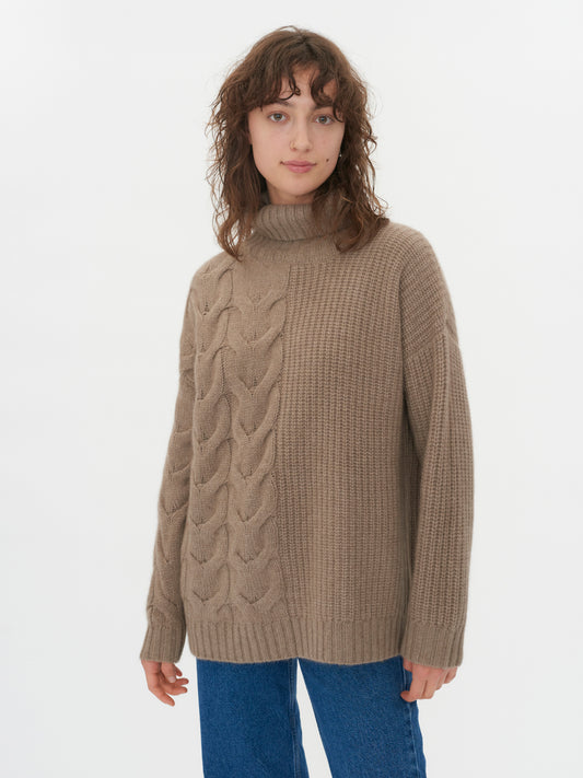 Women's Cashmere Turtle Neck With Cable Stitches Taupe - Gobi Cashmere