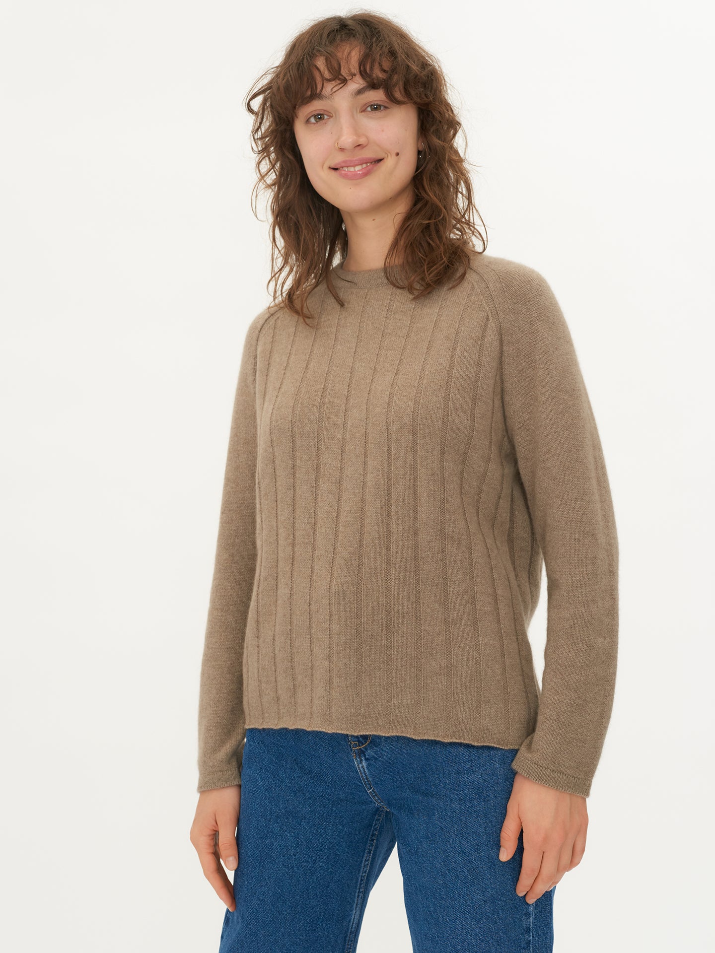 Women's Cashmere Ribbed Body Crew Neck Taupe - Gobi Cashmere