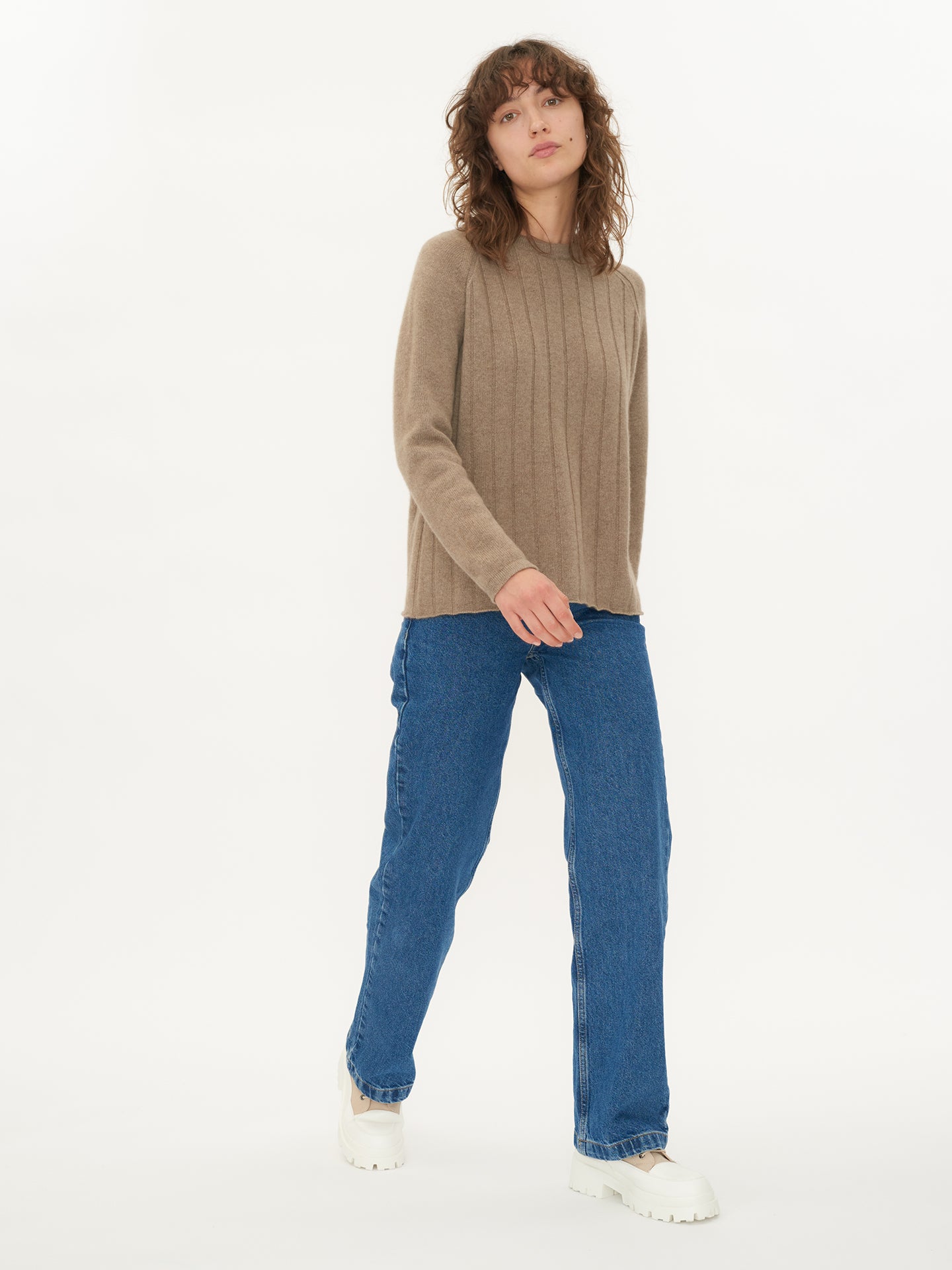 Women's Cashmere Ribbed Body Crew Neck Taupe - Gobi Cashmere