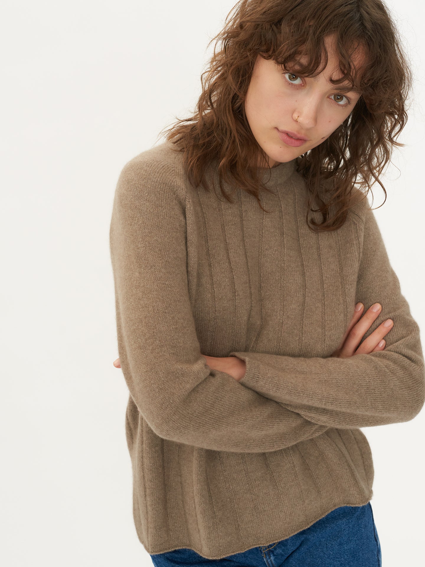 Women's Cashmere Ribbed Body Crew Neck Taupe - Gobi Cashmere