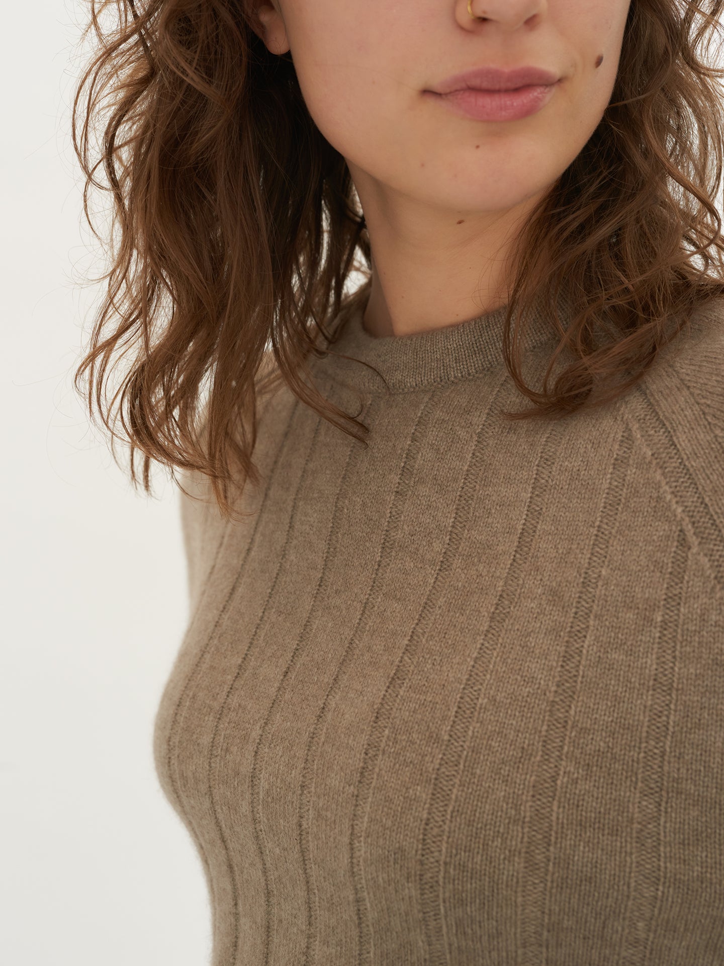 Women's Cashmere Ribbed Body Crew Neck Taupe - Gobi Cashmere