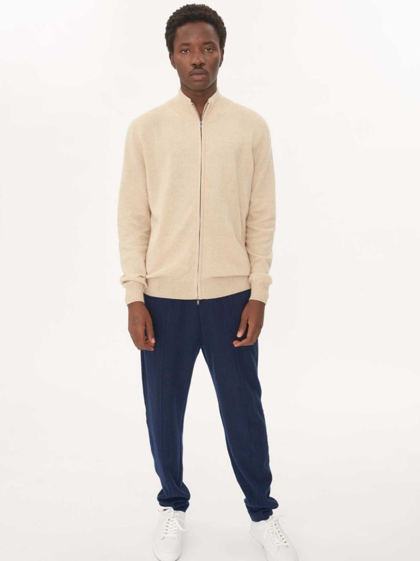Men's Cashmere Full Zip Cardigan Beige - Gobi Cashmere