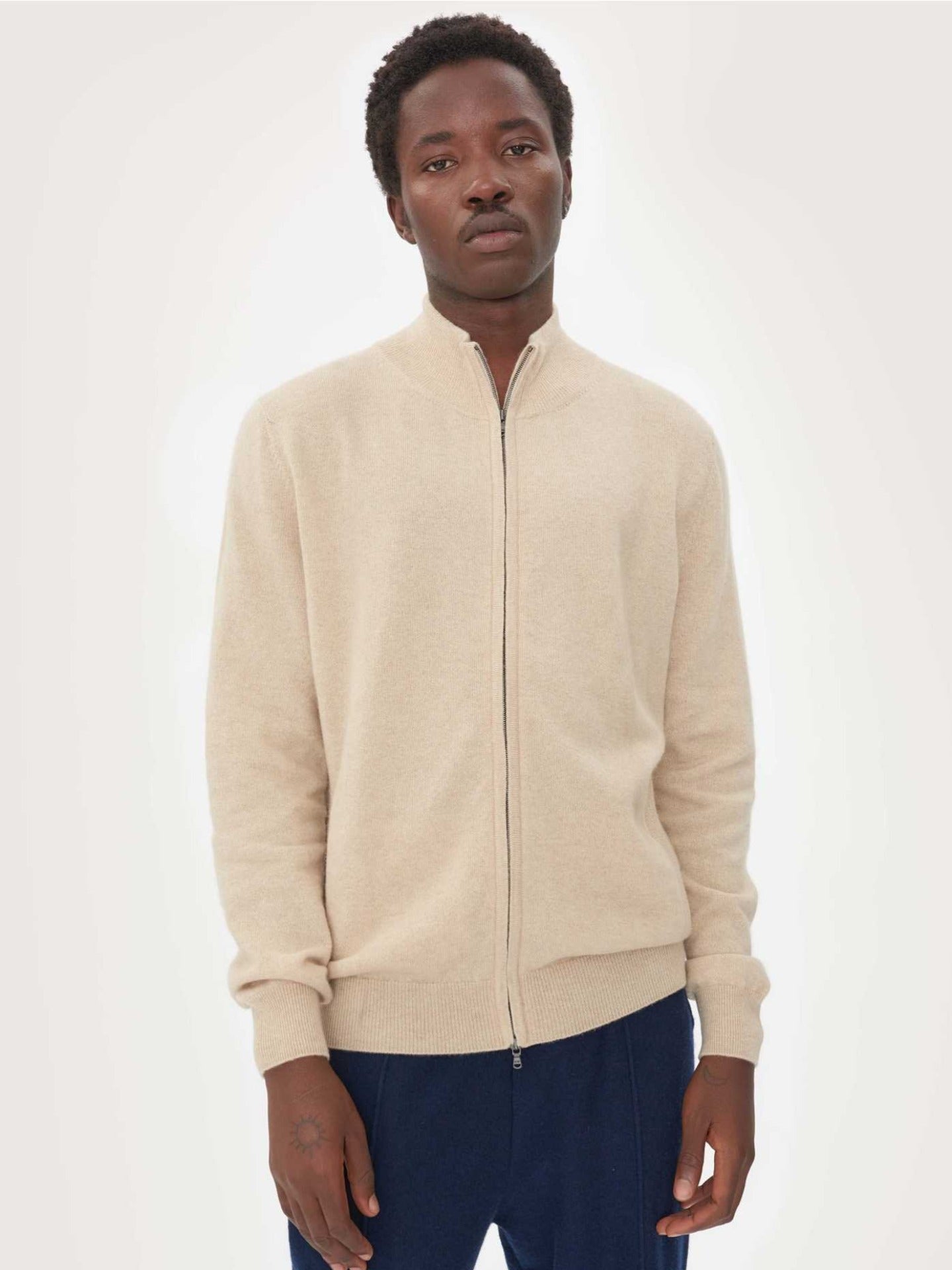 Men's Cashmere Full Zip Cardigan Beige - Gobi Cashmere