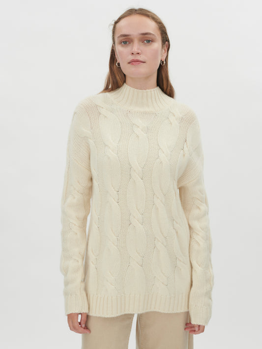 Women's Cashmere Cable Knitted Turtle Neck Off White - Gobi Cashmere