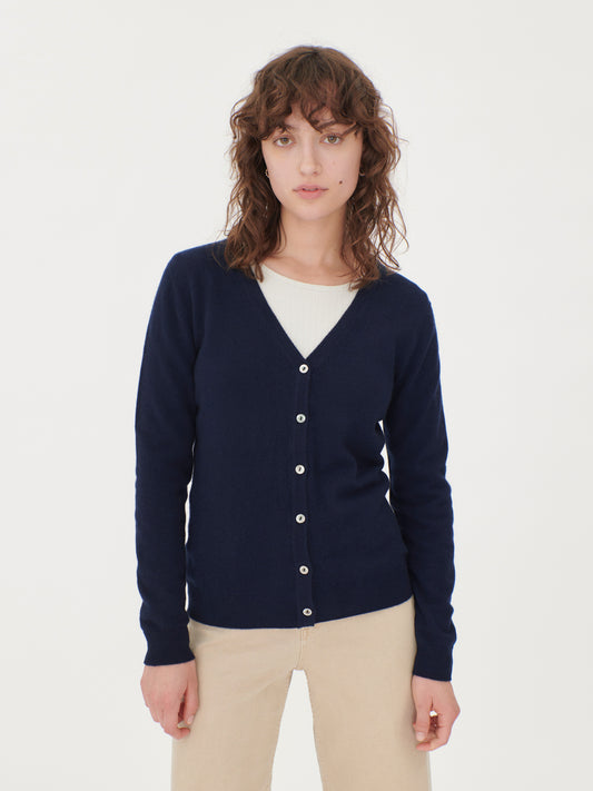 Women's Cashmere V-neck Button Cardigan Navy - Gobi Cashmere