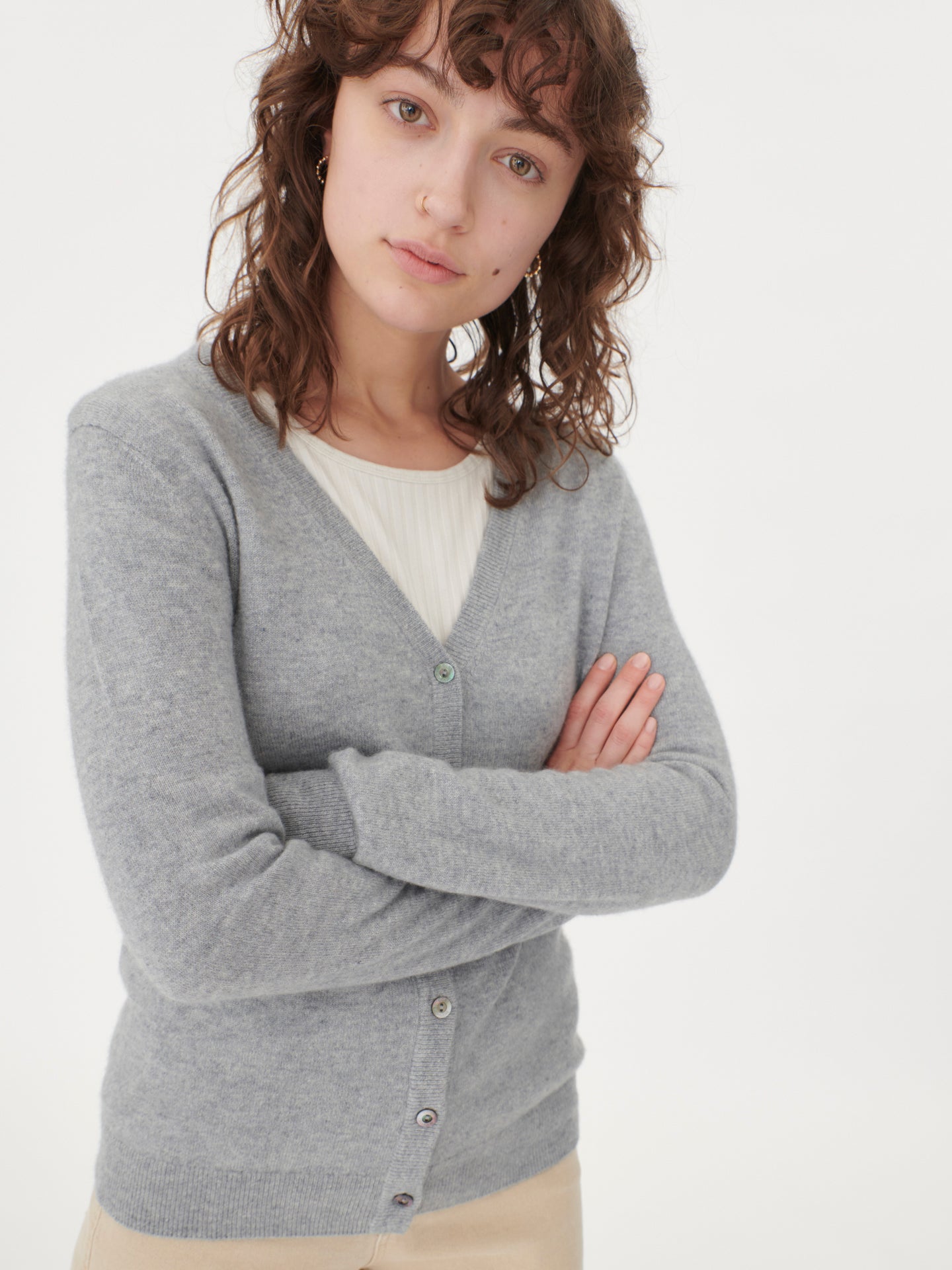 Women's Cashmere V-neck Button Cardigan Light Gray - Gobi Cashmere