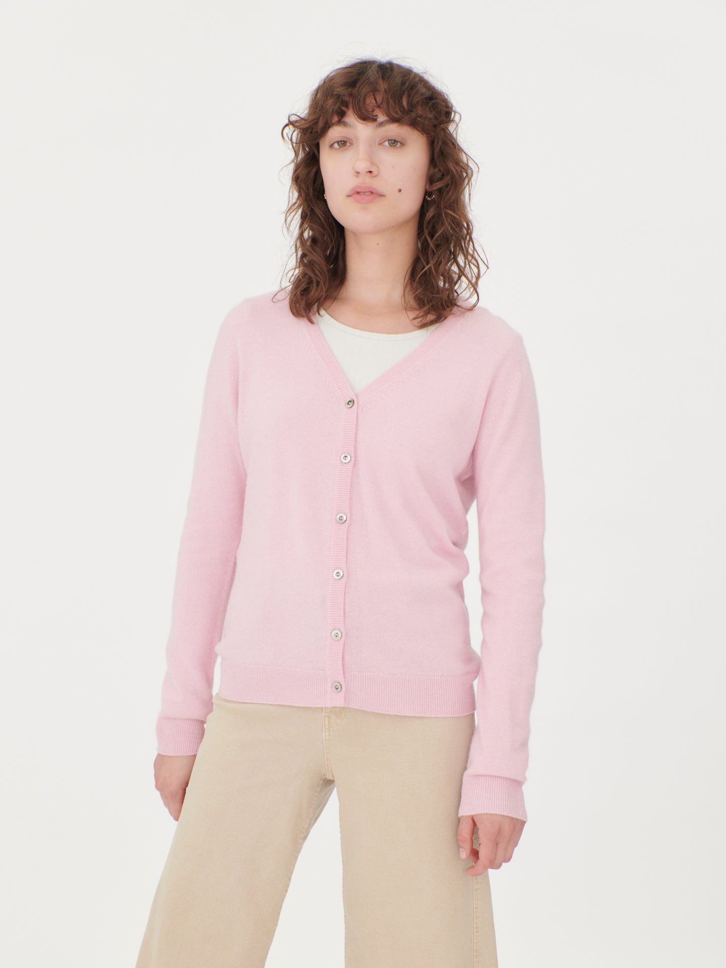 Women's Cashmere V-neck Button Cardigan Almond Blossom - Gobi Cashmere