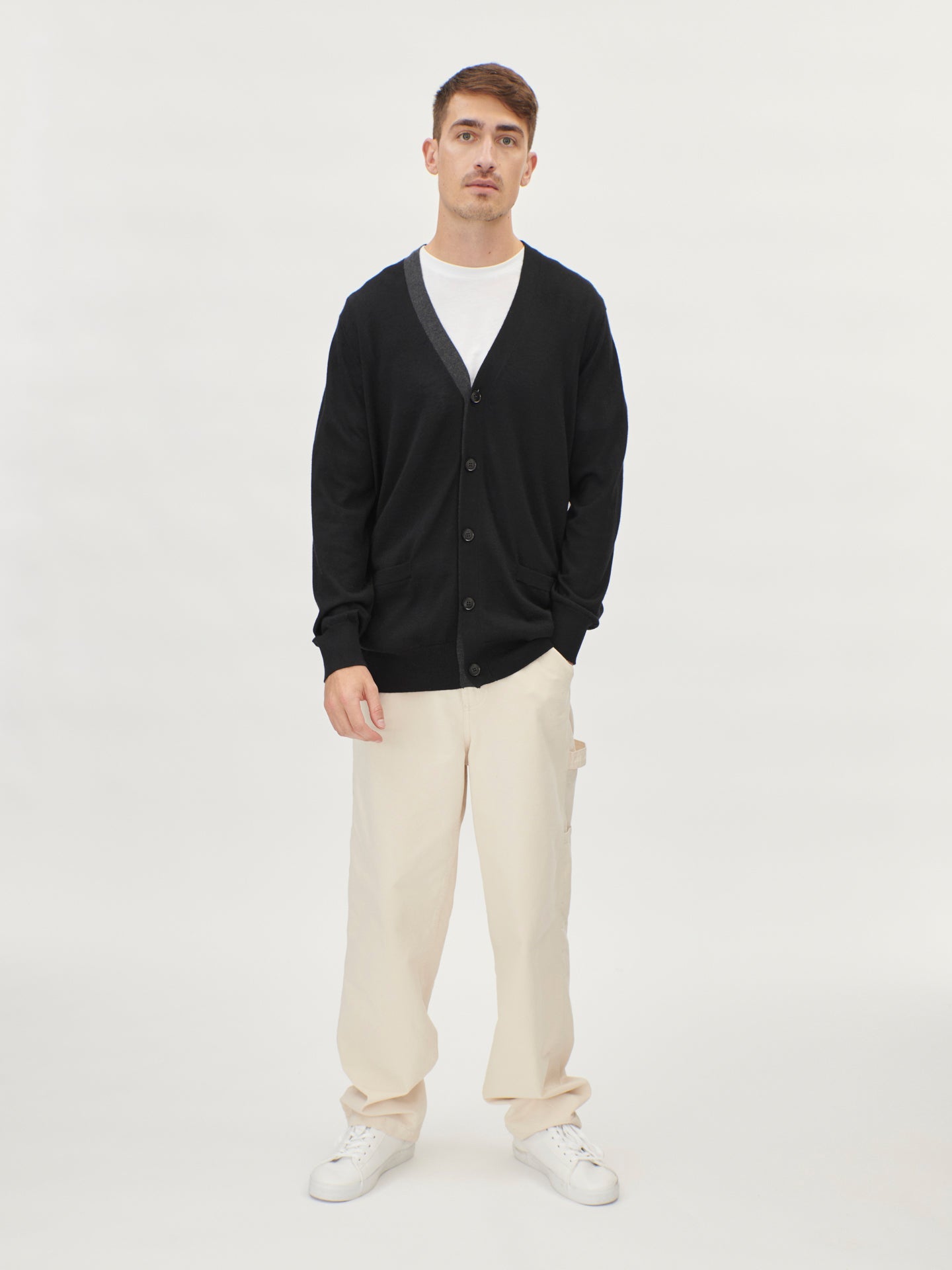 Men's Cashmere Contrast Placket Cardigan Black - Gobi Cashmere