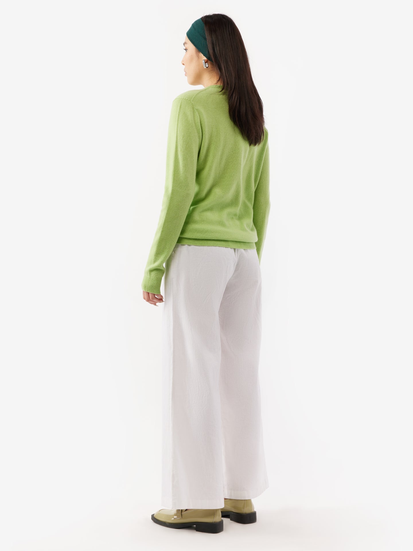 Women's Cashmere Crew Neck Cardigan Jade Lime - Gobi Cashmere