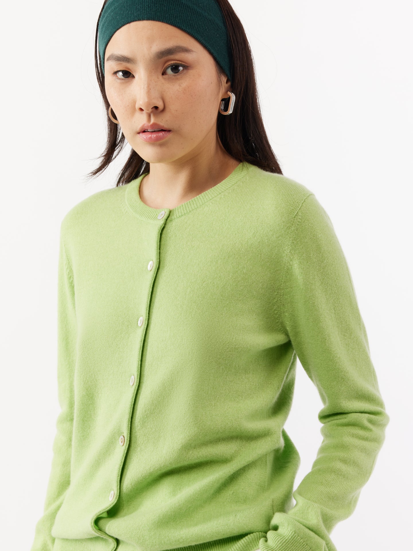 Women's Cashmere Crew Neck Cardigan Jade Lime - Gobi Cashmere