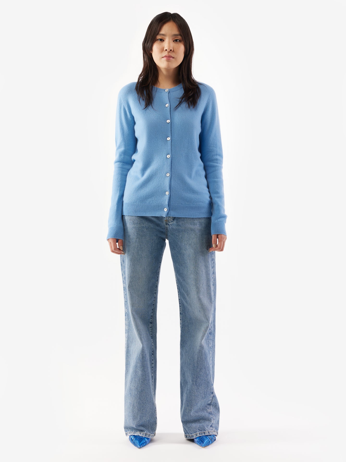 Women's Cashmere Crew Neck Cardigan Azure Blue - Gobi Cashmere