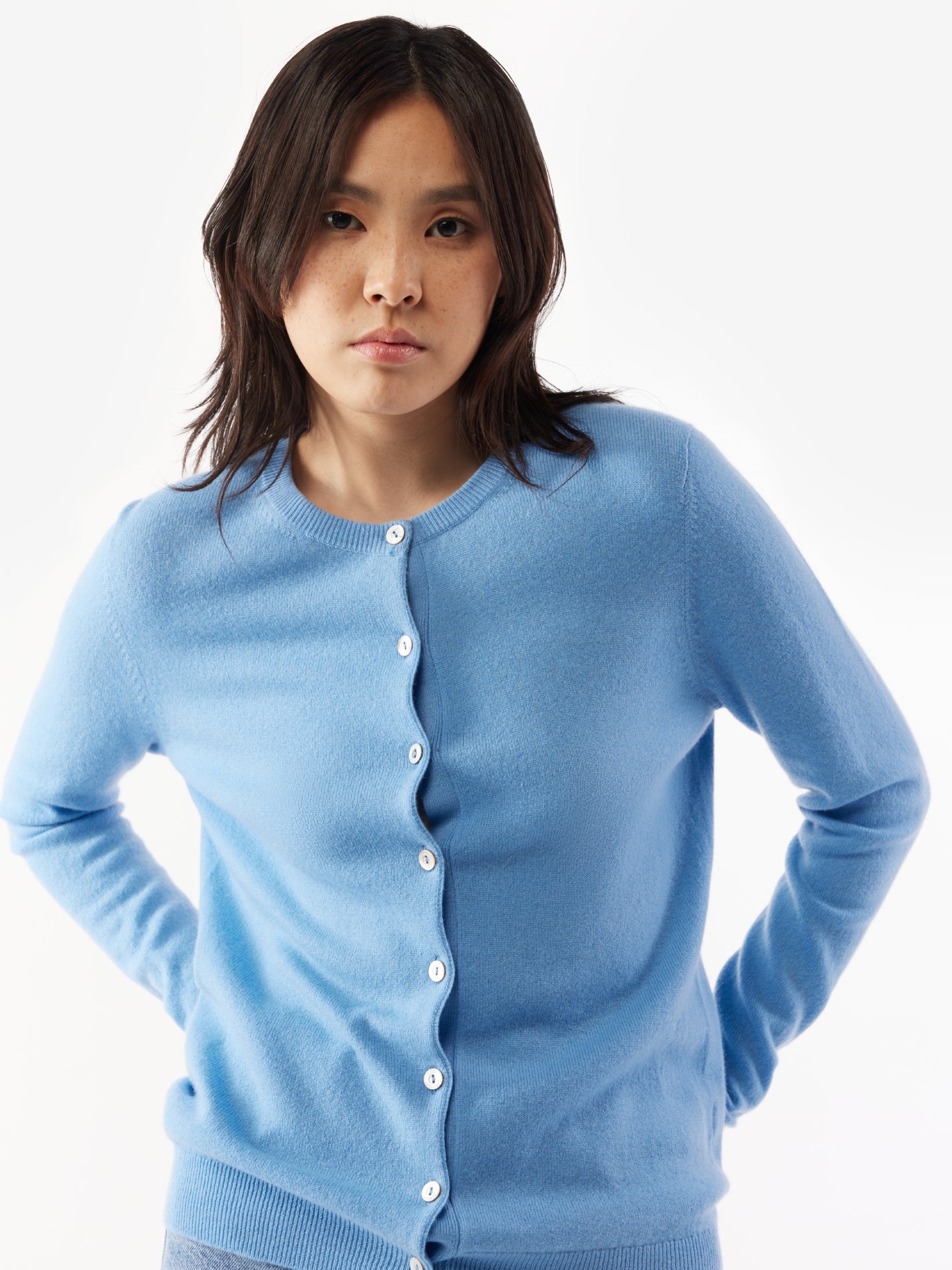 Women's Cashmere Crew Neck Cardigan Azure Blue - Gobi Cashmere